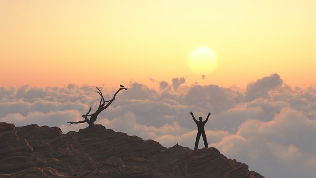 Man on a mountain peak. Bird on a dry branch. Freedom