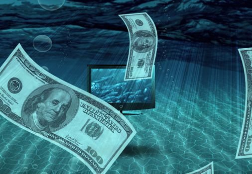Fantasy underwater scene with money and TV