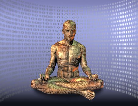 Cyborg meditates in lotus pose