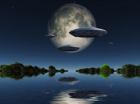 Spacecrafts flies over water surface. Full moon in the sky. 3D rendering