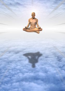Meditation. Man in lotus pose meditates in clouds