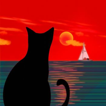 Black cat, sailboat and seascape