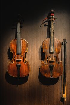 Closeup photo of an aged musical instrument violin