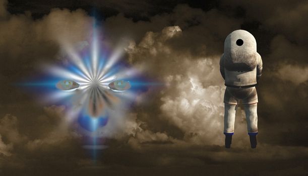 Surrealism. Astronaut stands before woman's face in clouds.