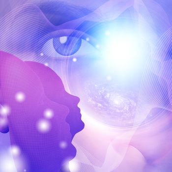 Faces and woman eye in abstract space