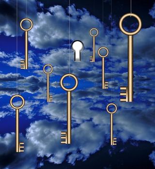 Bronze keys in cloudy sky