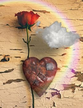 Surrealism. Red rose and rusted heart with metal patches. Cloud and rainbow