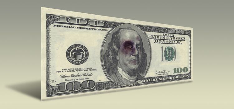 US Hundred Dollar bill with Beaten Ben Franklin