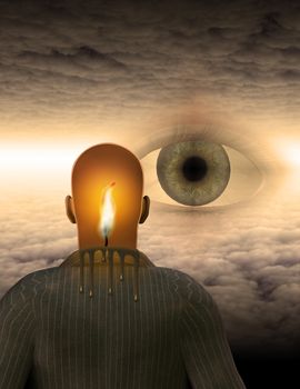 Man with burning mind in surreal cloud filled space