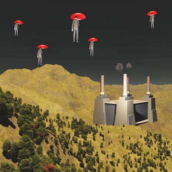 Men flying with umbrellas over futuristic factory