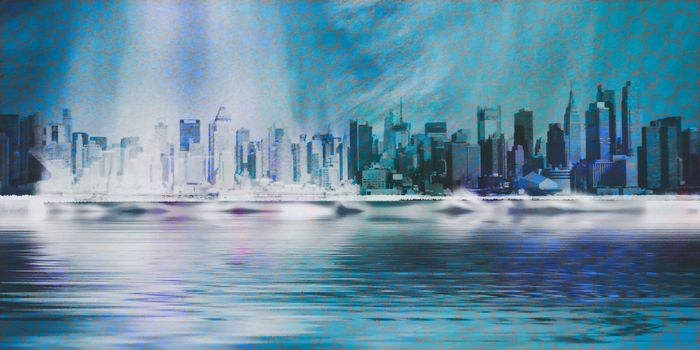 Modern Art. Manhattan, New York panorama in vivid blue colors