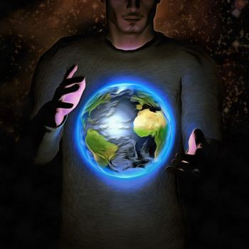 Surreal painting. Man holds Earth between hands