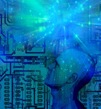 Mind Technology. Droid on electronic circuit background