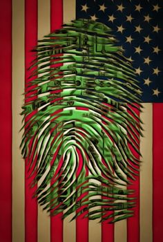 Modern art. Fingerprint with electric circuit pattern on the US flag