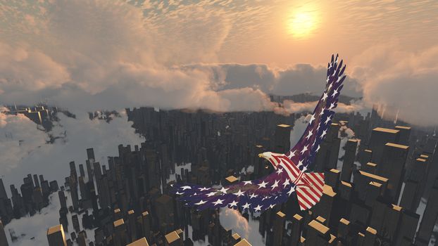 Eagle flies above futuristic megalopolis. Bird of freedom. 3D rendering