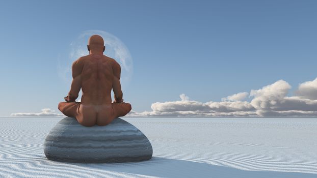 Man Meditates sitting on stone in white desert sands