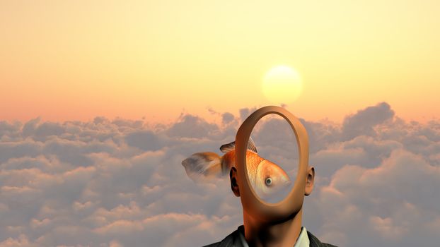 Faceless man above clouds. Golden fish