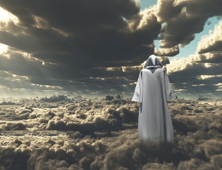 Pilgrim. Figure in cloak stands on field of clouds
