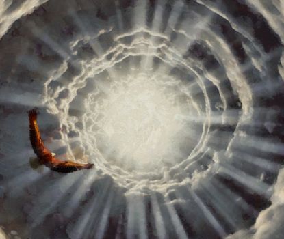 Surrealism. Eagle flies to the light in tunnel of clouds. Freedom