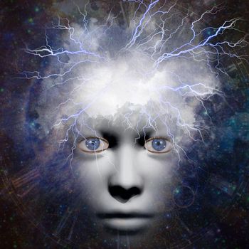 Power of mind. Woman's face with lightnings in space