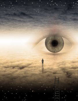 Man climbs to heavens. Giant eye in the sky