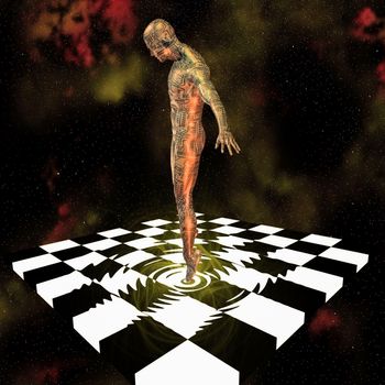 Modern digital art. Droid hovers over chessboard