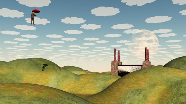 Surreal Factory with Floating Man