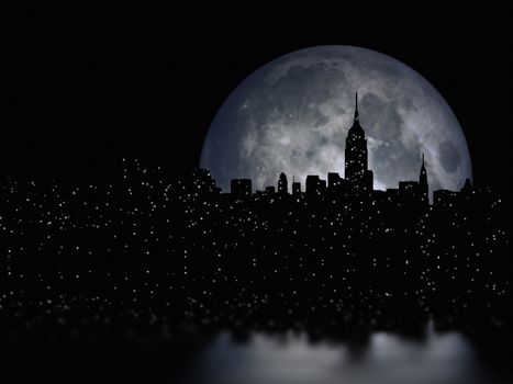NYC Cityscape reflects in the moon. 3D Rendering