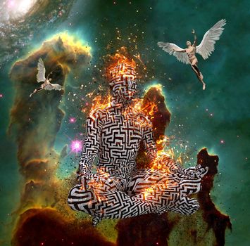 Surrealism. Figure of man with maze pattern in lotus pose in flames. Naked men with wings represents angels. 3D rendering