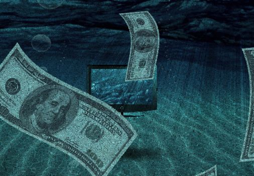 Surreal painting. TV under water and dollar bills. Words