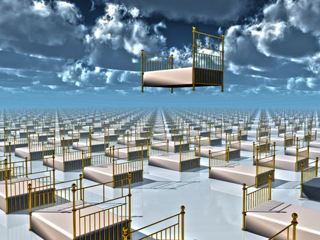 One bed floats above countless beds