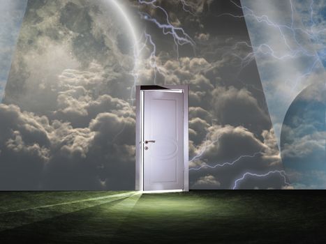 Sky curtains and white door