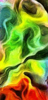 Fluid lines of color movement. Green and yellow colors mostly. 3D rendering