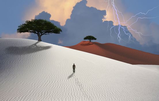 White desert. Lightning in the sky. Green trees. Figure of man in a distance