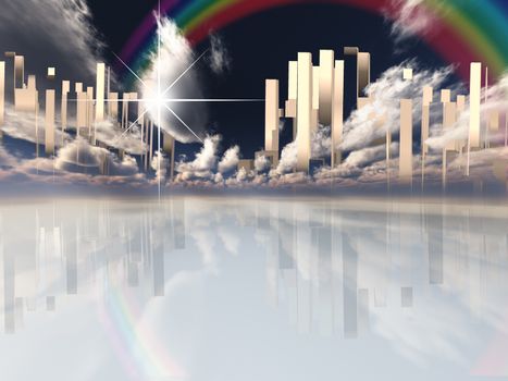 Heavenly City in Clouds. Rainbow in the sky