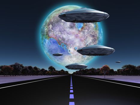 Terraformed moon seen from earth. Flying saucers over the highway