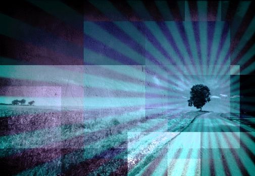 Countryside road and tree. Background with rays