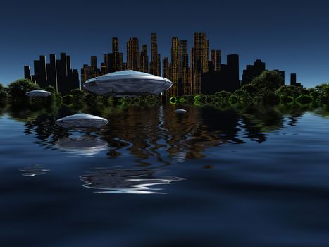 Exosolar planet. Future city surrounded by green forest in ocean. Spacecrafts in the sky