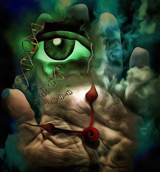 Surrealism. Hour hands, dna chain and eye.