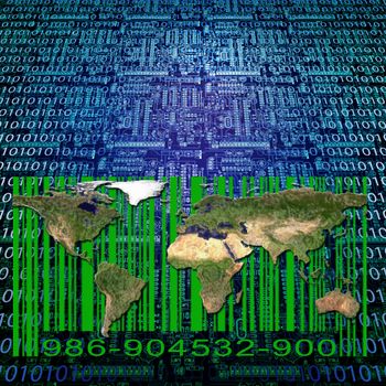 Binary code, world map and bar code