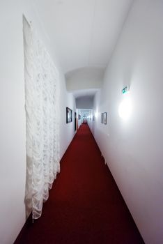 Blank wall and long walkway with red carpet