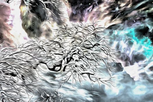 Abstract digital art. Frosted tree branch.