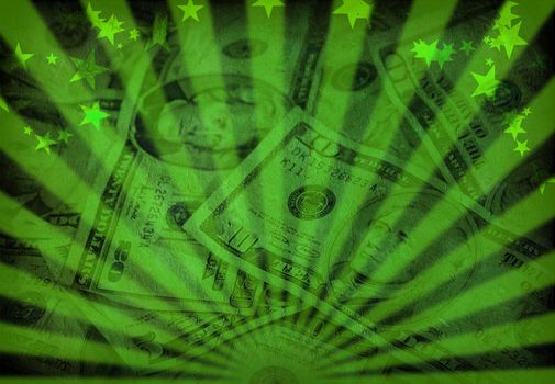 Dollars. Rays and stars background.