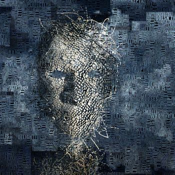 Surrealism. Human face mask made of cubes. Words