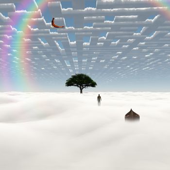 Man stands before green tree in surreal sky