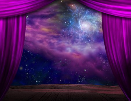 Starry sky behind the purple stage curtains