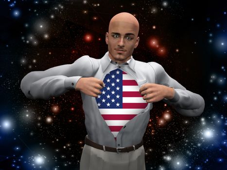 Opened shirt reveals USA Flag. 3D rendered man