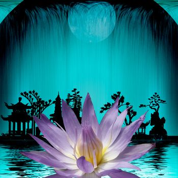 Lotus flower and Asian night silhouettes