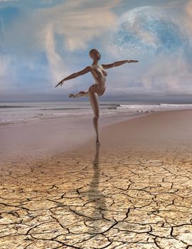 Ballerina in dance pose on a ocean shore. 3D rendering