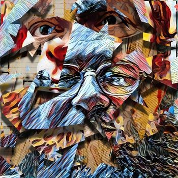 Abstract painting. Knowledge. Man's face in glasses. 3D rendering